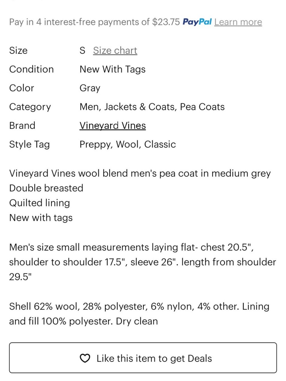 Vineyard Vines Grey Pea Coat Size Small - Picture 6 of 6